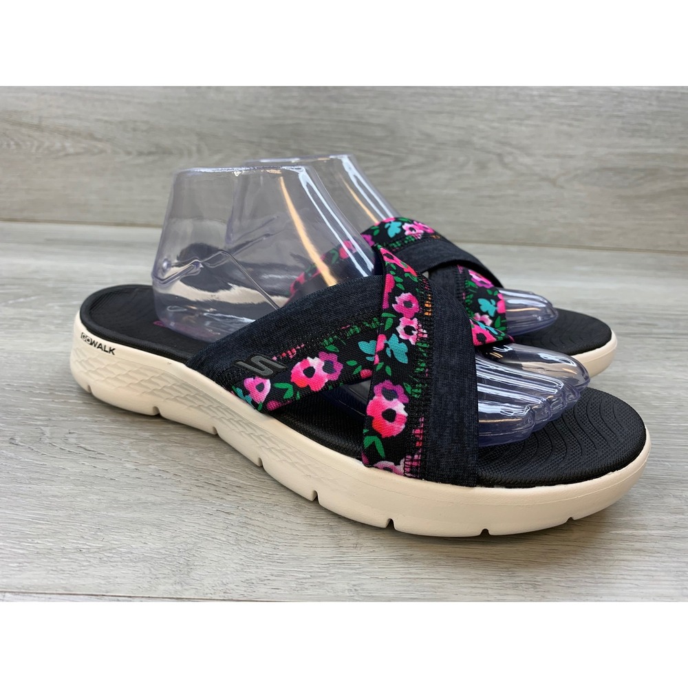 Skechers GoWalk Women's 11 Floral Goga Mat Slide Sandals Black Pink Shoes